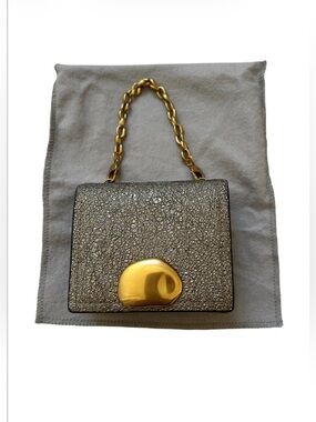 New Charles & Keith Small Crinkled Metallic Silver Wallet or Mini Bag Gold Accen